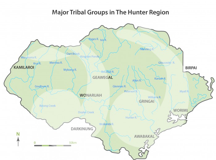 Major tribal groups in the Hunter region reproduced courtesy of Dr Helen Brayshaw (c) 1987. 