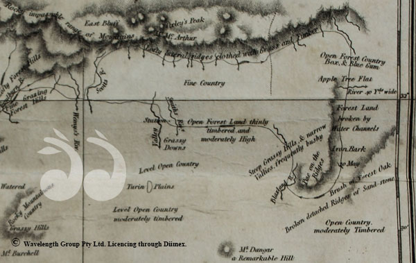 Part of Cunningham's map shows a river 40ft wide, likely to be the Pages and other local landmarks. Photographed with kind permission from the Mitchell Library, Sydney.