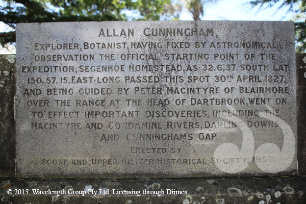 The Allan Cunningham Seat in Rotary Park Scone, marks the spot he passed by in his 1827 expedition.