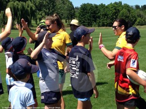 Scone juniors Bailey Park and Jack Teague meet the Australian Women's Sevens players Sharni Williams, captain and Chloe Dalton.