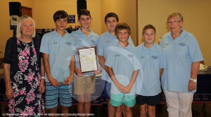 Cr Lorna Driscoll presenting the award for Community Group of the Year to the Aberdeen Care Package Cadets: Jonah Pittman, Logan Milton-Smith, Nathan Swinbourne, Peter Connett, Rowan Bateman and Carole Johnston at the Australia Day celebrations in Aberdeen.