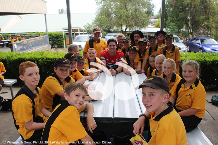 The Knight's table at Aberdeen Primary School: Kynan Brugnatti, Ben Jones, Jye Flaherty, Josh Emery, Liam Heard, Jacob Dallah, Knight's player Matt Soper-Lawyler, Bella Rose Partridge, Bryce Bateman, Jack Fayth, Daniel McCamley, Brody Kent, Marley Poa, Caody Parker, Jacob Johnson, Callum Dowell, Shantelle Bridge, Hannah Flynn, Meagan Palmer, Millie Harris and Hunter McGrath.