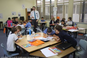 Mr Jim Fitzgerald, principal of St Mary's Primary School Scone with students working in staged groups