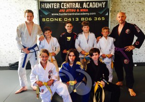 Jiu Jitsu Juniors: Back row: Coach Lochie Eadie, Jonny Honeyman, Riley Saddler, Heath Eadie, Zane Walsh, coach Rod Eadie. Front row: Iris Flaherty, Mia Kelaher and Tyrone Robertson.