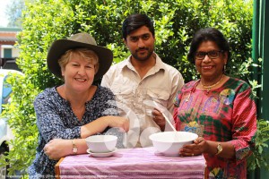Preparing for Harmony Day: Manager of the Scone Neighbourhood Resource Centre, Lee Watts from Australia, Malik Khan from Pakistan and library coordinator, Elizabeth Walter from Singapore.