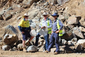 Preparing for blasting at the Cutting: Upper Hunter Shire Council’s Mark Robinson, maintenance works supervisor, Maurice Collison, deputy mayor and James Darling, works engineer on site today.