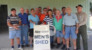 All smiles at new shed: Kerry Devine, Paul Hobbs, John Presland, Bob Mitchell, Frank Heap, Ross Peahuru, Ron Tillerman, John Taylor, Hock Lw, Maurie Wadwell, Tyrone Power, Peter Tillerman, Doug Avard and John Sadler.