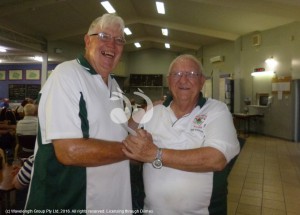 Paul Gorman, president of Upper Hunter veterans golf, congratulates Bob Stewart, who had the best score in the 44 stableford