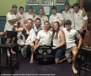 The Warriors celebrating back at the Golden Fleece: Back row: Chris Brennan, Will King, Ben Murphy, David Spies, Josh Noble, Colin Storey and Joel Harrison. Front row: Josh Adams, James Smart, Dave Riley, Kirsten Smith and Isaac Smith.