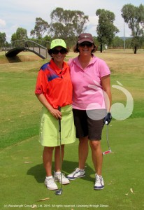 Having fun with colours on the course: Fiona Groom and Sarah Brooks.