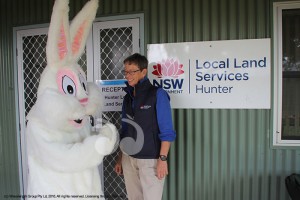 The Easter Bunny being briefed on the calicivirus and myxomatosis by Jane Bennett, dictrict veterinarian for the local land services Hunter.