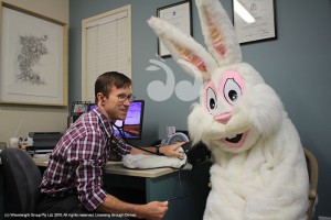 Dr Beiboer checking the Easter Bunny's blood pressure