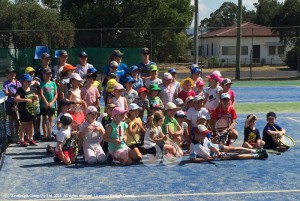 The participants in the Holiday Camp at the Scone Hardcourt Tennis Association courts.