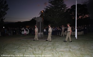 Soldiers marching into place at the Scone cenotaph for the ANZAC Day dawn service.