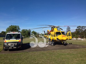 Westpac Rescue Helicopter lands at Muswellbrook Hospital to meet an ambulance with a jockey who fell in Scone.