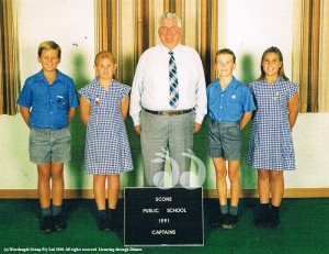 Principal Gerry Goodger with the 1991 Scone Public School captains Photograph courtesy of Scone Public School.