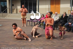 Indigenous dance group Wakagetti performed at the NAIDOC ceremony: Waylon Boney with dancers Tyrell Roadley, Kobi Crowe, Dennis Milgate and Jackson Crowe.