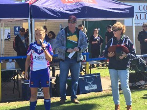 Sofie Casson, captain and coach of the Thoroughbred's league tag team speaking after the match.