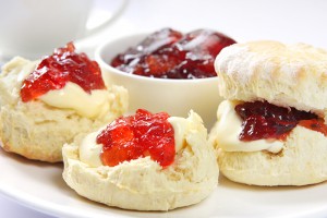 Home-baked scones with strawberry jam and cream.