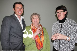 Actors Patrick Wild and Maria English with Kate Mailer relaxing after the opening night performance of The Boor Hug.