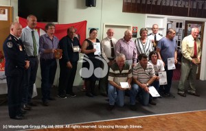 Gathered to celebrate 90 years of rural fire service in Cassilis: NSW Rural Fire Service Commissioner Shane Fitzsimmons, Michael Johnsen state member of parliament and award recipients.