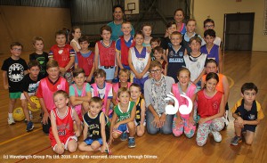Pauline Carrigan front and centre with children at Scone Amateur Basketball Association and coaches Rikki Irwin and Danielle Brown.