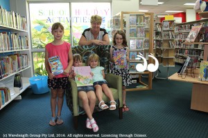 Cr Lee Watts joined Charlotte, Eliza and Annabelle Nixon and Hannah Jackson for activities at the Scone Library today.