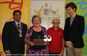 Joan Manning was awarded the Hunter McLoughlin Memorial Citizen of the Year, with Mayor Wayne Bedggood, 2016 award recipient Margie Cooper and Ambassador Dr Benajmin Veness.