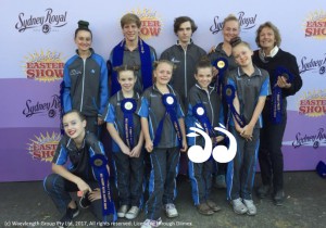 Scone Equestrian Vaulting Team decked out in blue at the Royal Easter Show: Back: Grace Pratley, Phillip Ritter, Justin Boyle, Georgina Heard and coach Robyn Boyle. Front: Hannah Gatwood, Daytona Holloran, Charlotte Clark, Peyton Halloran and Sarah Clark.