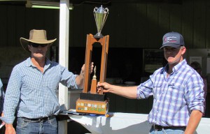 Winner of the Frank Sharp Memorial Trophy, Bill Davidson and 'Sheep Dog Trials president, Tom Hunt.