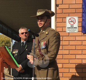 Guest for the day Captain Chris Wetherell from Lone Pine Barracks School of Infantry Singleton, speaking at the Aberdeen ANZAC memorial service with MC Doc Milton.
