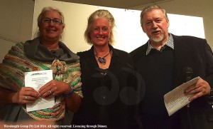 L-R: winning artist Jenny Vaughan, Mandy Archibald- president and Judge John Bradley. photograph courtest of Murrurundi Art Prize.