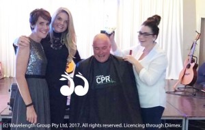 Angela Oversby, Erin Molan with Ang's dad, Lindsay Hodge as his head was shaved.