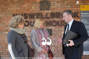 Cr Sue Abbott, Leah Marchant and John Preston discussing the personal violence order matter outside Muswellbrook Court House yesterday.