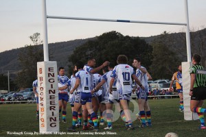 The Scone Thoroughbreds celebrating the first points of the game when Sammy Taylor crossed for the Thoroughbreds.