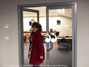Cr Sue Abbott leaving the Council chambers last night while a confidential code of conduct was disscussed. Cr Fisher, Cr Collison and Cr Campbell left through a separate door.