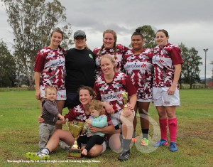 Winners of the tournament, the Tuggeranong Vikings. Front row: Ty Brown, Kate Brown, Matilda Brown and Emily Sogal. Back row: Shelly Bradshaw, Stefanie Stewart-Jones, Peta Cox, Tamara Kilisimasi Taliai and Grace Gallen.