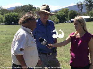 James Archibald and Richard Bell speaking with Caroline Marcus from Sky News in Gundy in March. 