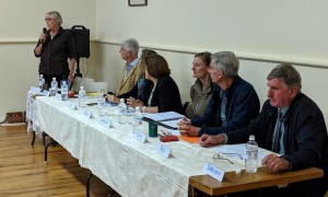 Pam Seccombe introducing six of the eight candidates: Adam Blakester, Julie Collins,; Yvonne Langenberg, Natasha Ledger, Tony Lonergan and Rob Taber.