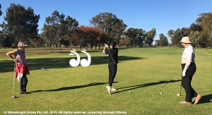 New golfer Kristy Brooks receiving some tips from Sarah Howie and Dordie Bragg on the new Scone golf course.