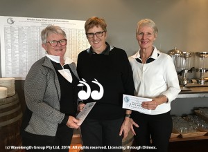 Happy smiles for Cheryl Clydsdale (left) and Annie Woods (right) receiving their Foursomes Runner Up prize at the Hunter River District Championships from Marg Fleming of Cypress Lakes (middle).