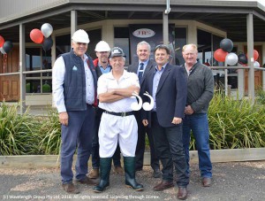 Milestone of largest employer: L-R: Craig Miller, Mick Ramsay, Shayne Crowfoot (front), Steve McDonald, Mayor Wayne Bedggood and Cr Maurice Collison.