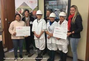 Some of the JBS workers who prepared the morning tea handing  over the money raised to representatives of the Scone Cancer Support Group. L-R: Shanti Bienvenido, June Day, Sirikorn Ninnet, Linda Crawford, Melanie Bienvenido and Yolanda Spinks.